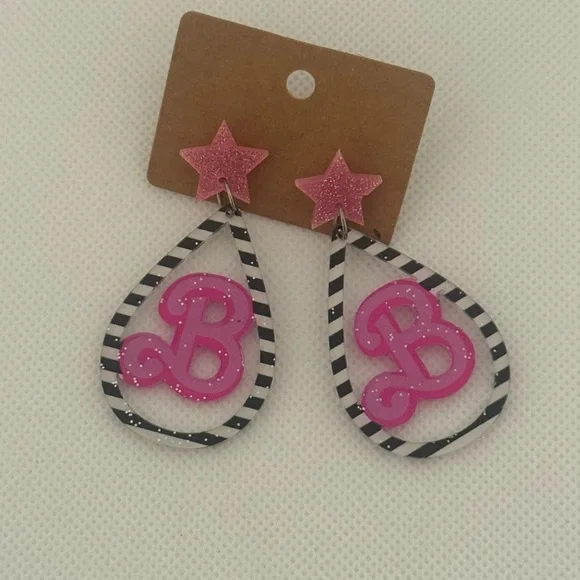 Glitter Acrylic Barbie B Earrings – Pink Star & Striped Teardrop Dangle – NWT - Picture 2 of 6